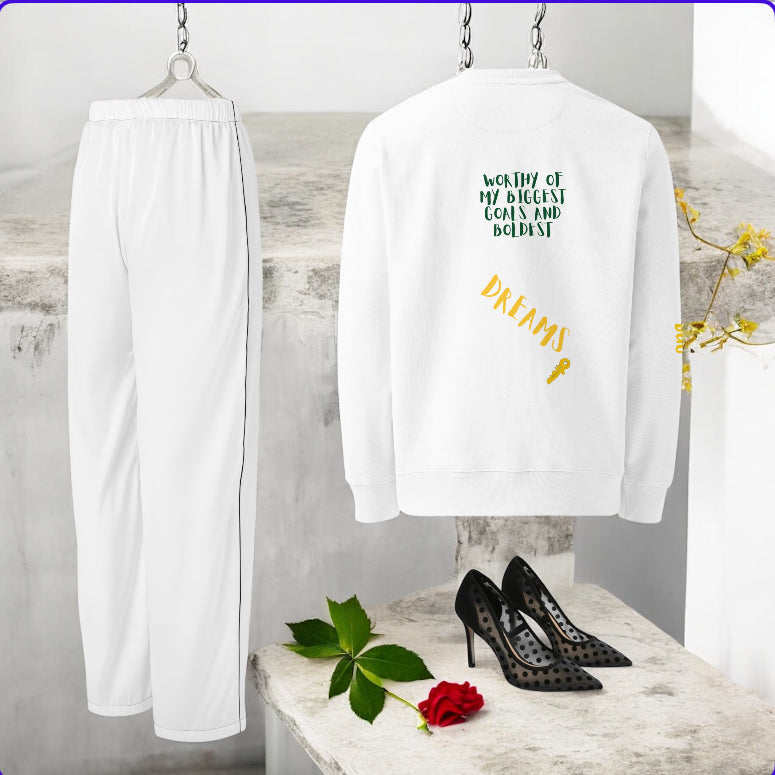 "Image 3 - Eccentric Long Pajama Pants – detail view white lounge pajama pants from the Night Time Velour Collection | Golden Expression Art"