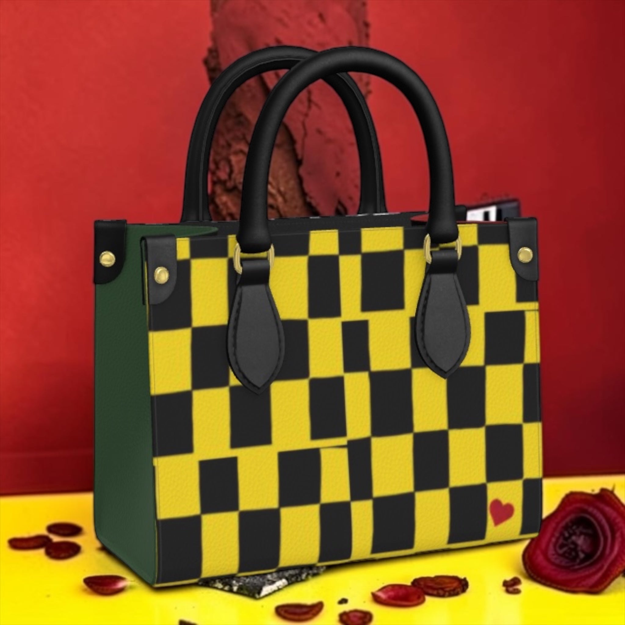 Image 2:
Iconic Luxe Mini in striking black and yellow checkered pattern — statement luxury handbag by Golden Expression Art