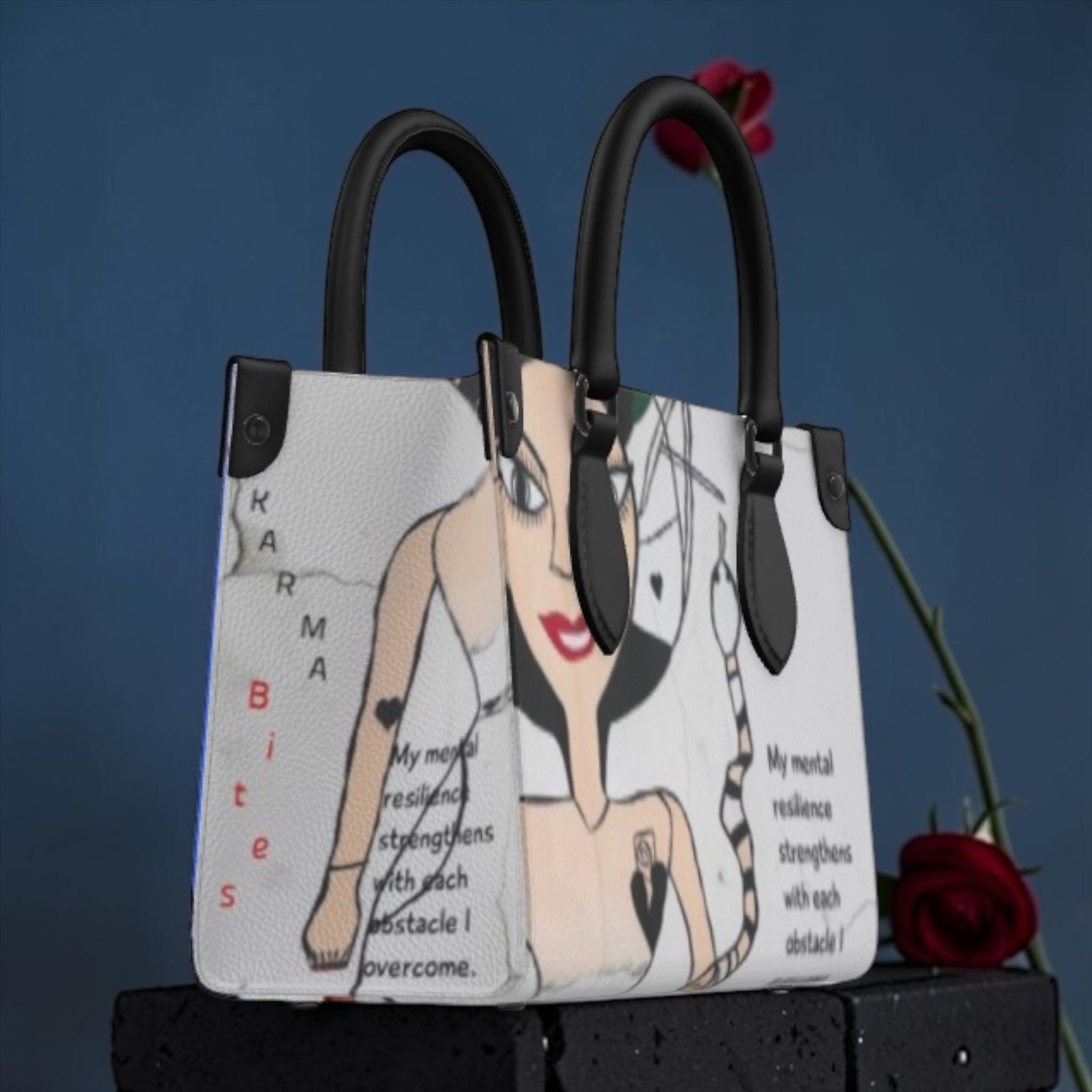 • Image 3: "Karma Bites Untold Stories Vol. 2
Satchel - front view showcasing original handmade artwork"