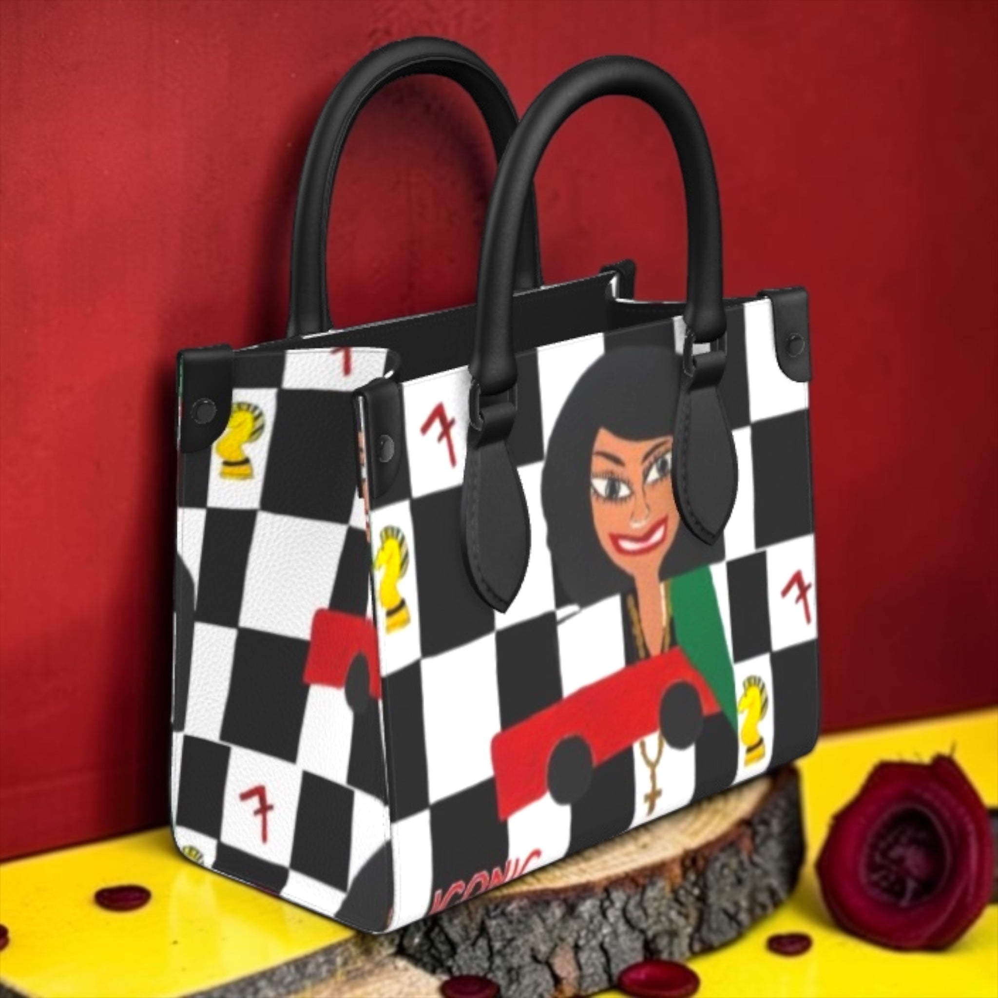 Lullaby Iconic Satchel Tote in Black & White Bubble Napper Leather - Golden Expression Art"