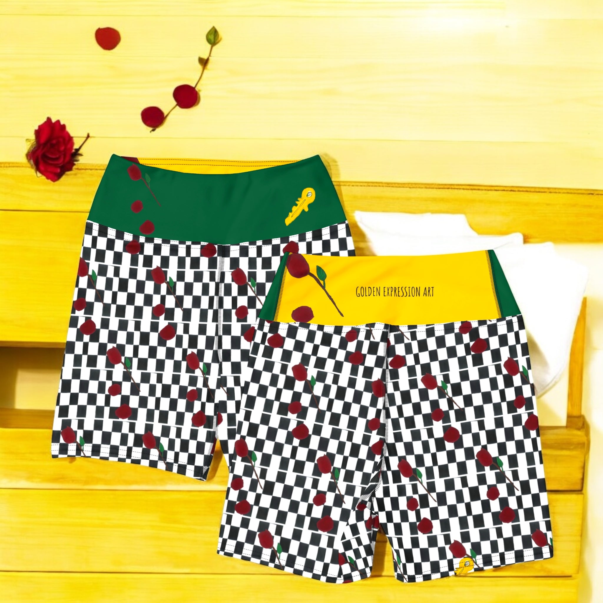 Checked Gardenia Yoga Shorts - Golden Expression Art