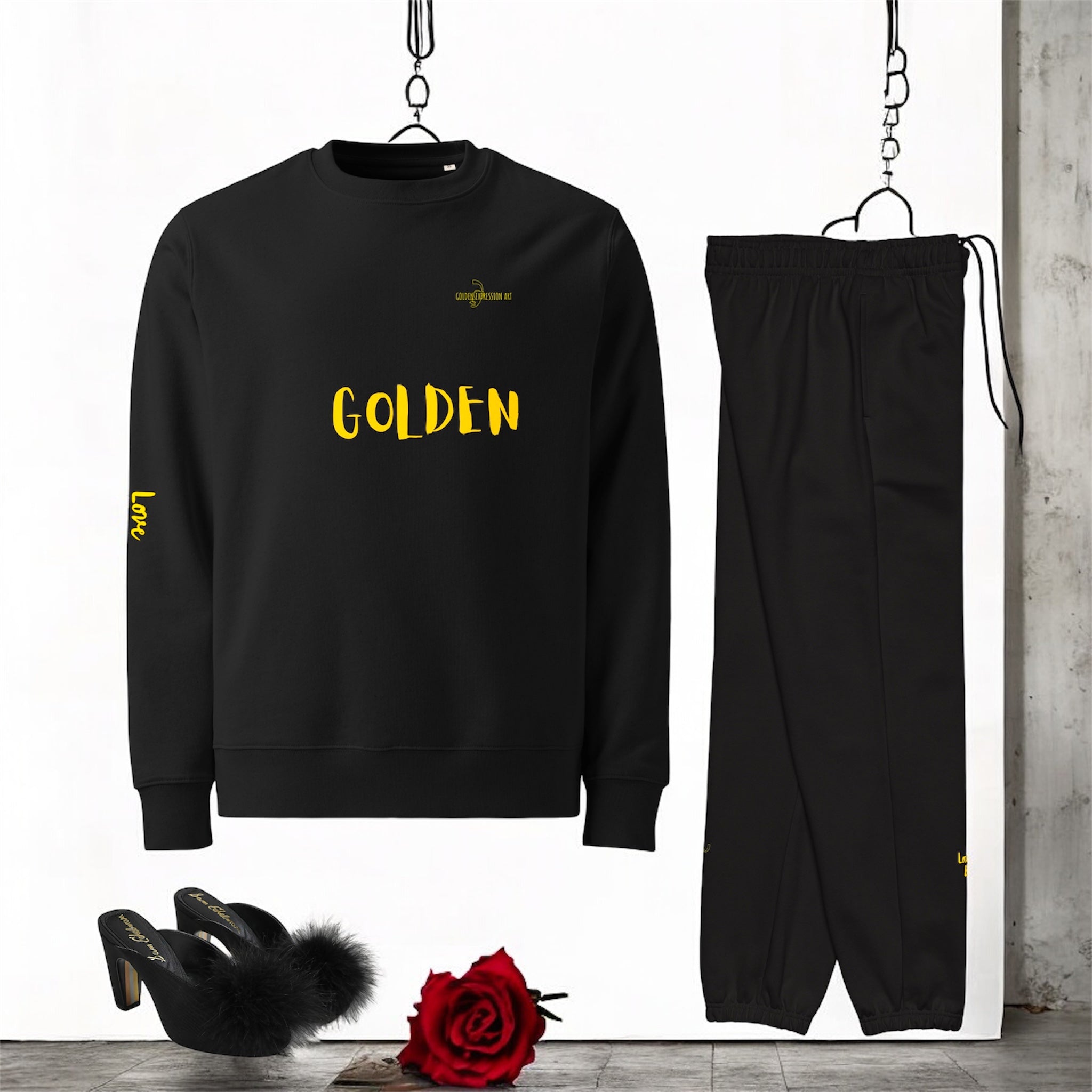 "Image 5 - Retro Classic Universal Sweatshirt – full product view black sweatshirt from the Night Time Velour Collection | Golden Expression Art"