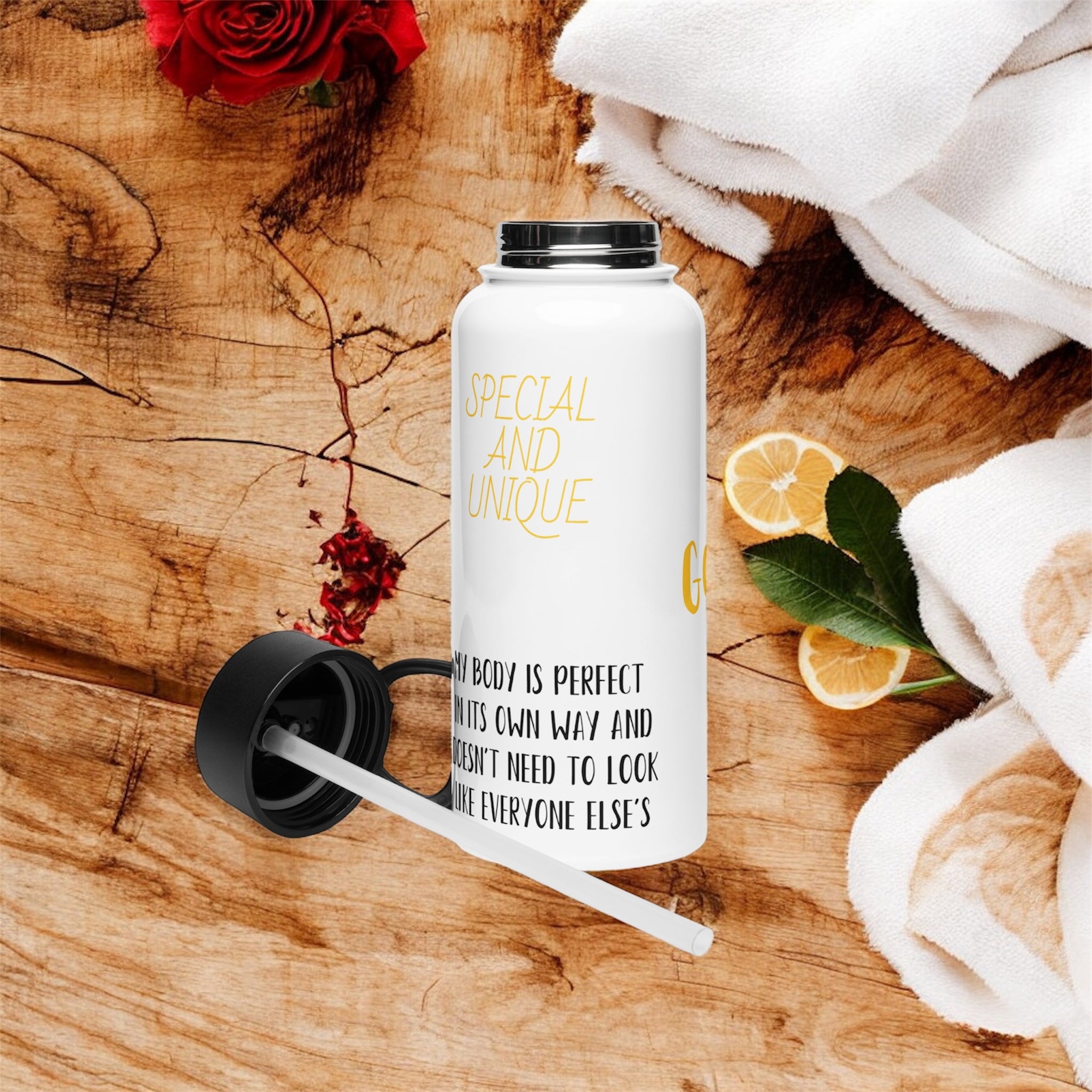 "Image 4 - Roomy Vessel Water Bottle – full product view reusable water bottle from the Night Time Velour Collection | Golden Expression Art"