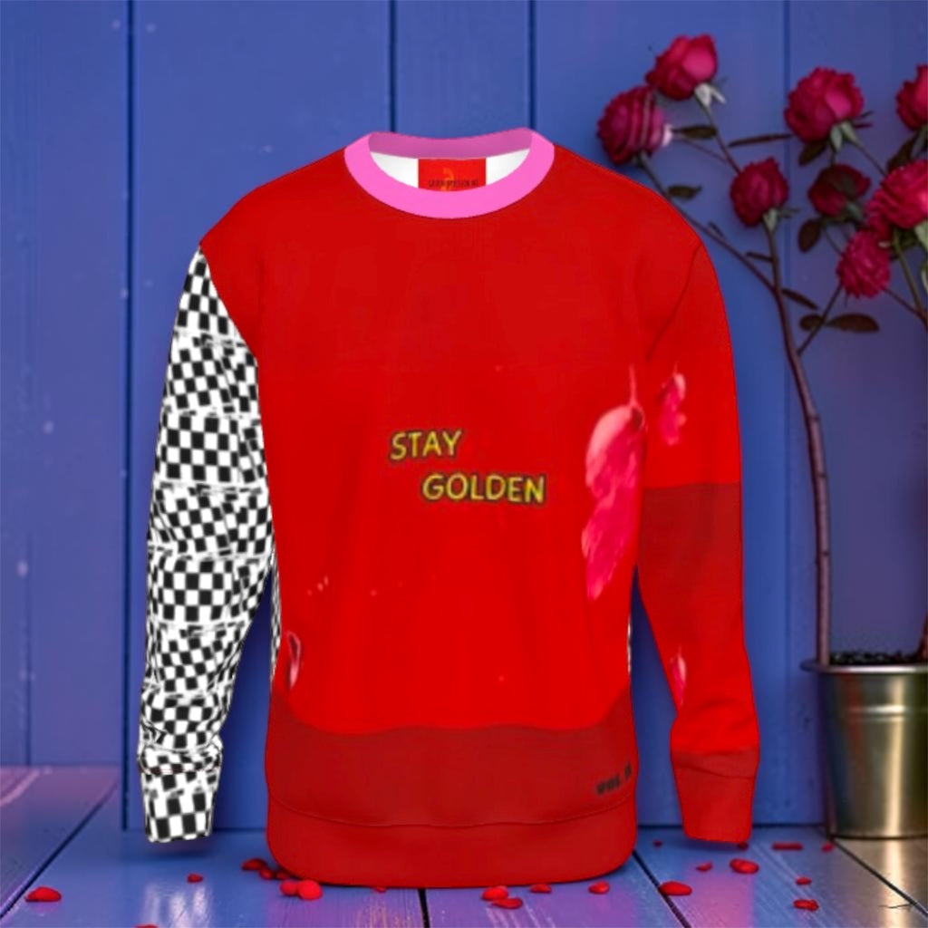 Image 1: "Vol IV — The Dear Self Sweatshirt, front view, Doll Wall all-over print with 'dear self' in yellow | Golden Expression Art"