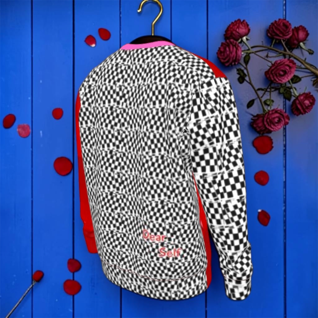 Image 2: "Vol IV — The Dear Self Sweatshirt, back view, black and white checkered print with 'STAY GOLDEN' in red | Golden