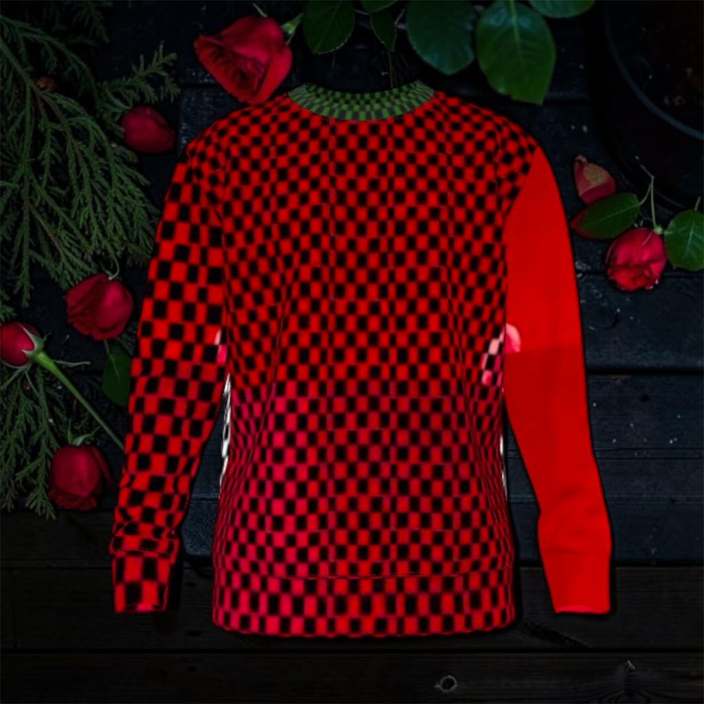 Image 1 (front, flat lay on dark wood): Vol IV — The Declaration Sweatshirt — front flat lay, scarlet red & black checkered body with solid scarlet red long sleeves and green ribbed collar, rose and greenery editorial backdrop on dark wood — Golden Expression Art