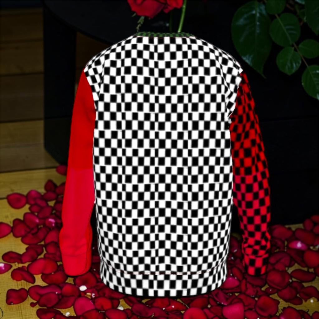 Image 2 (back, flat lay on golden floor): Vol IV — The Declaration Sweatshirt — back flat lay, black & white checkered body with solid scarlet red left sleeve and red & black checkered right sleeve, rose petal editorial backdrop on golden wood floor — Golden Expression Art
