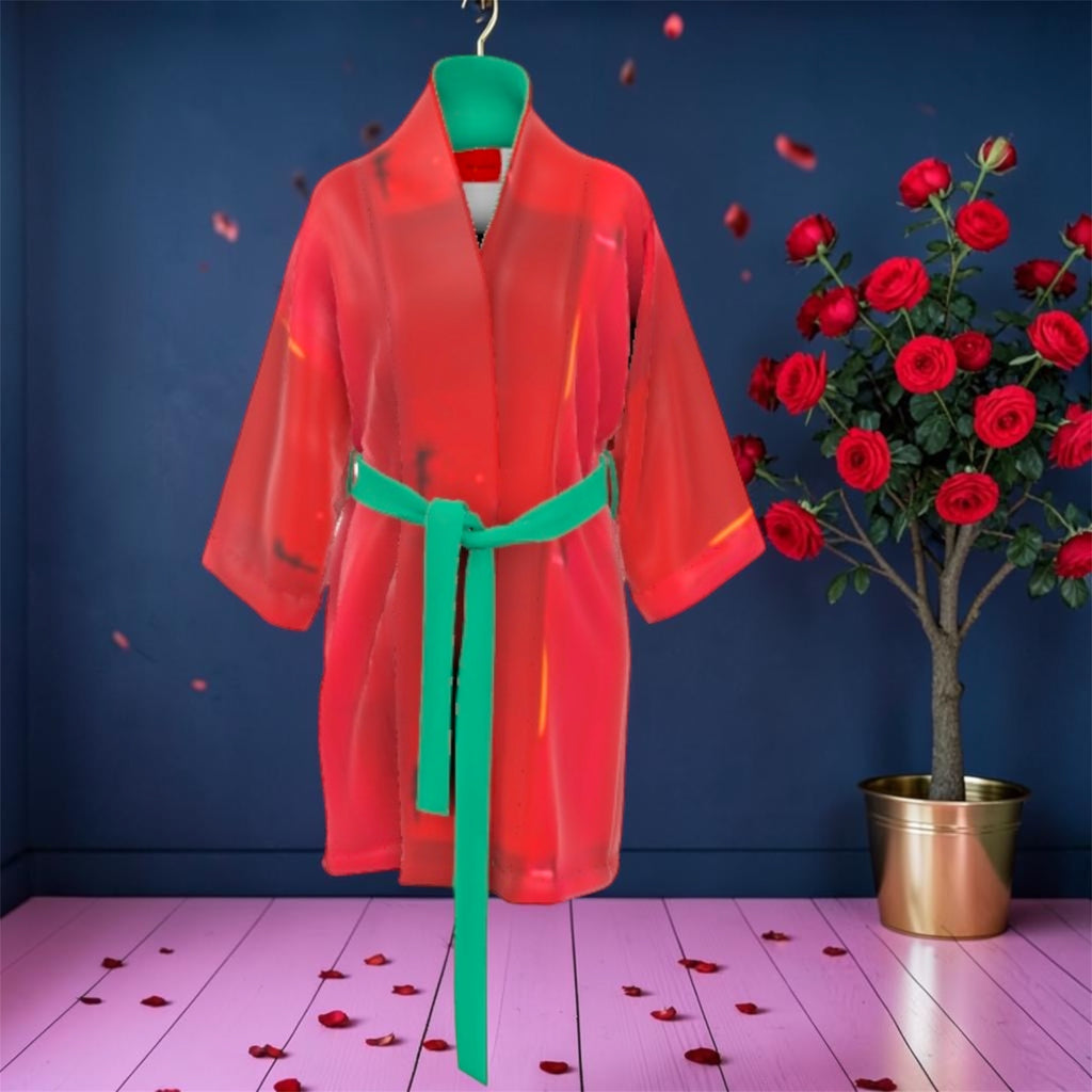 Vol IV — The Doll Wall Silk Robe Vol IV — The Doll Wall Silk Robe — scarlet red sheer silk robe with emerald green belt and hanger detail, rose petal editorial backdrop with red rose tree — Golden Expression Art
