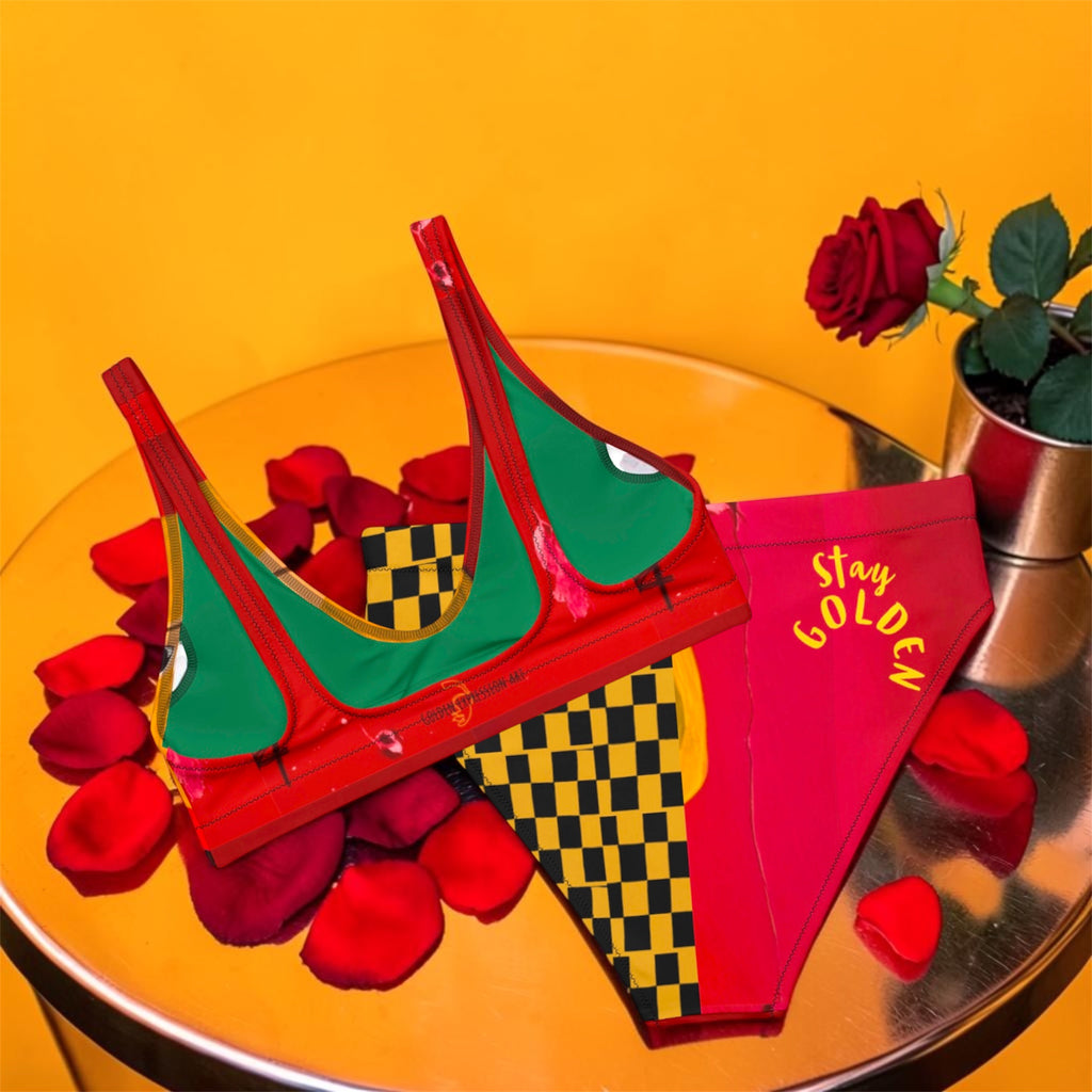Vol IV — The Doll Wall Goddess Bikini in scarlet red — top with green lining and gold trim, bottom with yellow and black checkered panel and Stay Golden detail, styled on mirror table with rose petals and orange backdrop — Golden Expression Art Limited Edition
