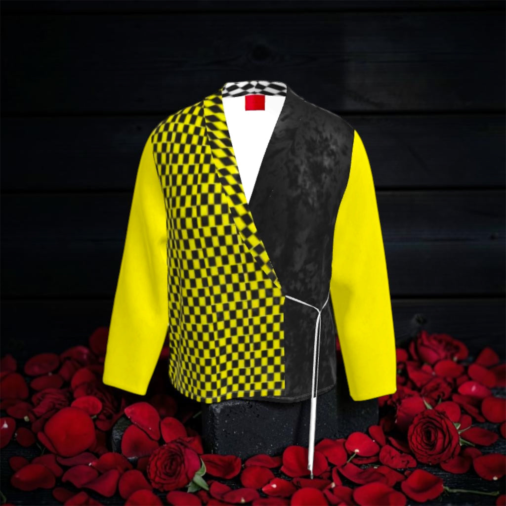 Vol IV — The Golden Checkmate Blazer, front view, yellow & black checkered left panel with textured black right panel, solid yellow sleeves, black & white checkered collar lining, white wrap tie, rose petal editorial — Golden Expression Art
