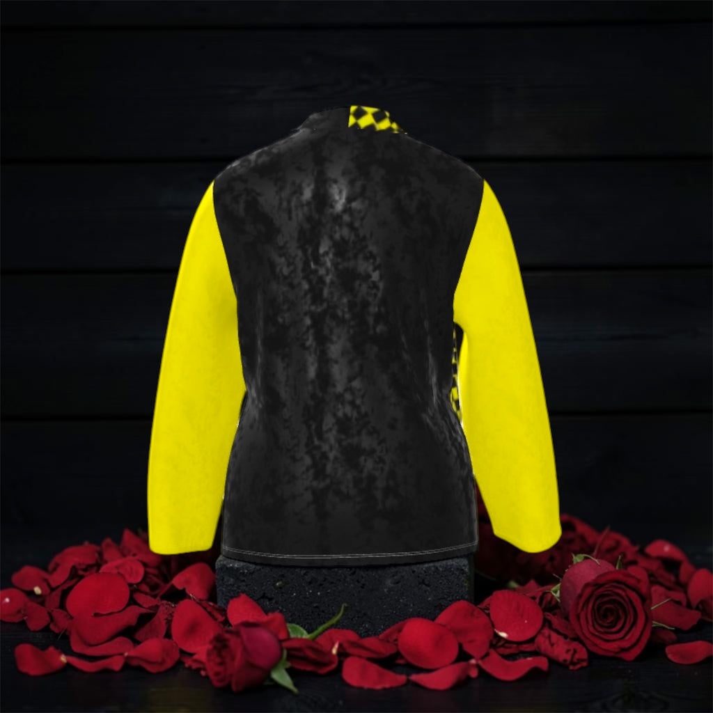 Vol IV — The Golden Checkmate Blazer, back view, full textured black body with solid yellow sleeves, yellow & black checkered collar detail, rose petal editorial — Golden Expression Art
