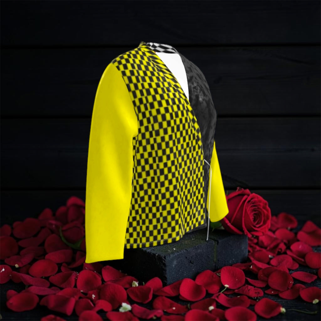 Vol IV — The Golden Checkmate Blazer, side view, yellow & black checkered front panel with solid yellow sleeve, open wrap silhouette, rose petal editorial — Golden Expression Art
