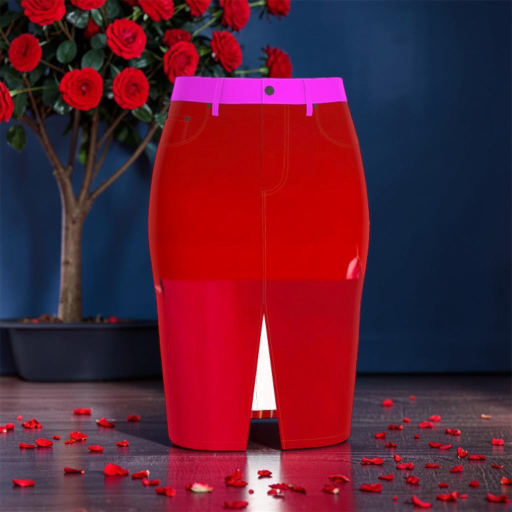 Vol IV — The Golden Denim Skirt — front view featuring Doll Wall and family print all-over with bright fuchsia pink waistband — Golden Expression Art Limited Edition
