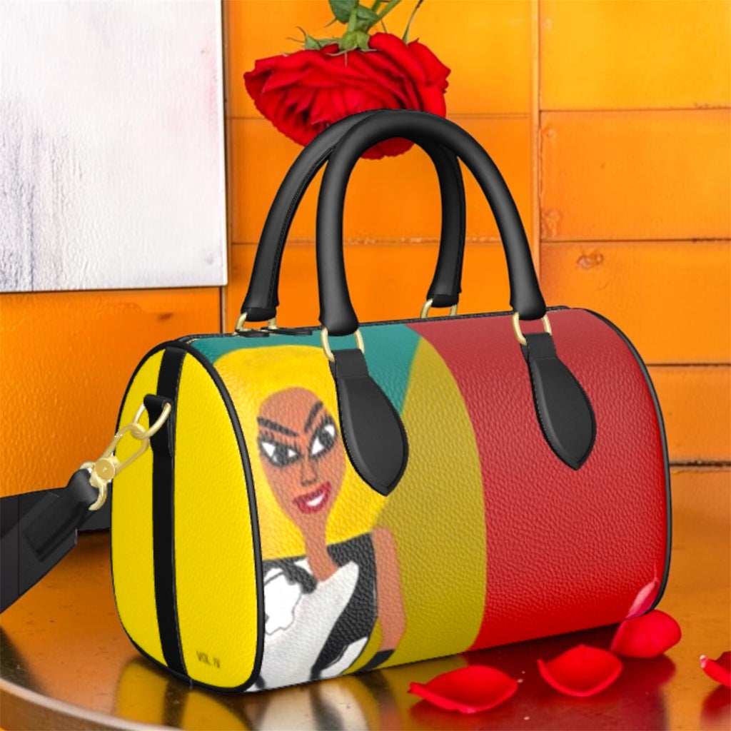 Image 2: "Vol IV — The Golden Duality | Mini Duffel, back view, contrasting dual art print detail | Golden Expression Art"
