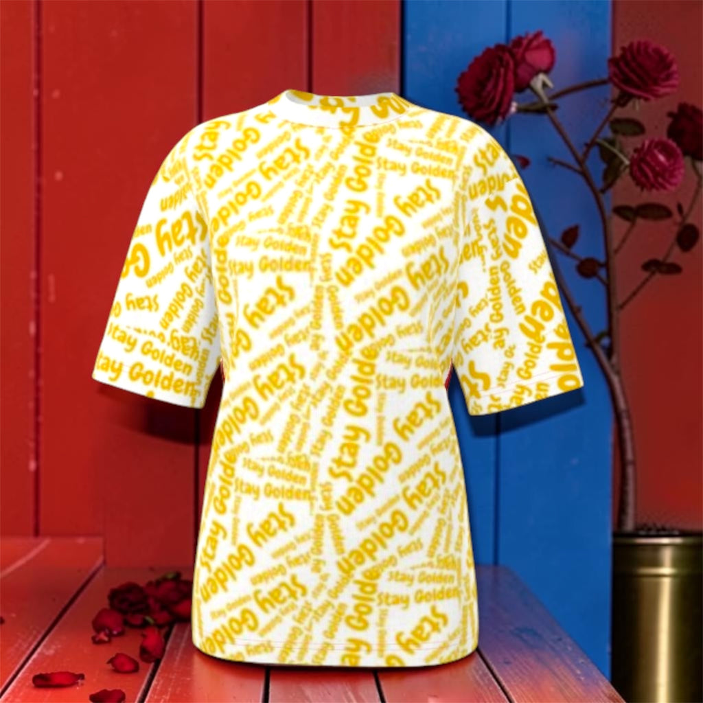 Image 1: "Vol IV — The Golden Expression Tee, front view, 'Stay Golden' all-over print white tee | Golden Expression Art"