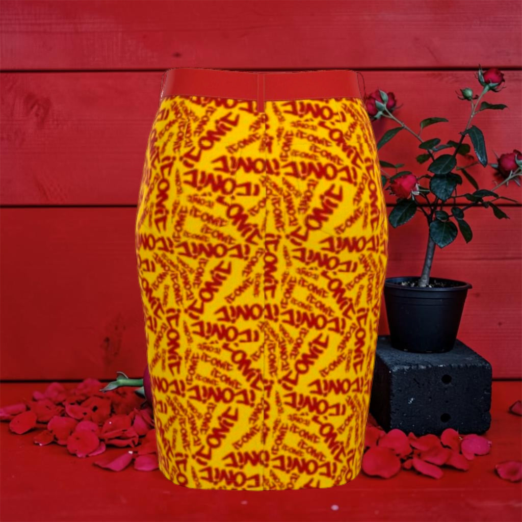 Image 2 (back view — golden yellow pencil skirt, all-over scarlet red ICONIC print, red waistband, rose petals, red wall backdrop): Golden Expression Art Vol IV The ICONIC Statement Skirt — Back View — Golden Yellow All-Over Scarlet Red ICONIC Print — Red Waistband — Rose Petal Red Wall Editorial — ICONIC Edit
