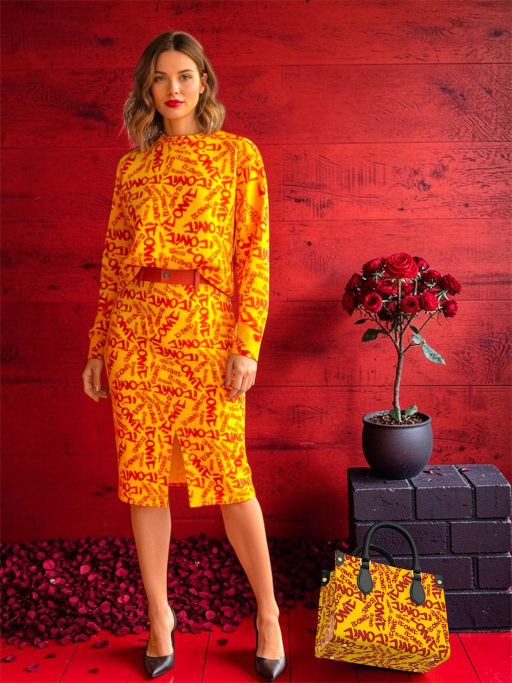 Image 4 (model lifestyle shot — full ICONIC set styled with matching top, red belt, ICONIC Statement Tote, red roses, red wall backdrop): Golden Expression Art Vol IV The ICONIC Statement Skirt — Model Lifestyle Shot — Full ICONIC Set Styled with Matching Top Red Belt and ICONIC Statement Tote — Red Wall Editorial — ICONIC Edit

