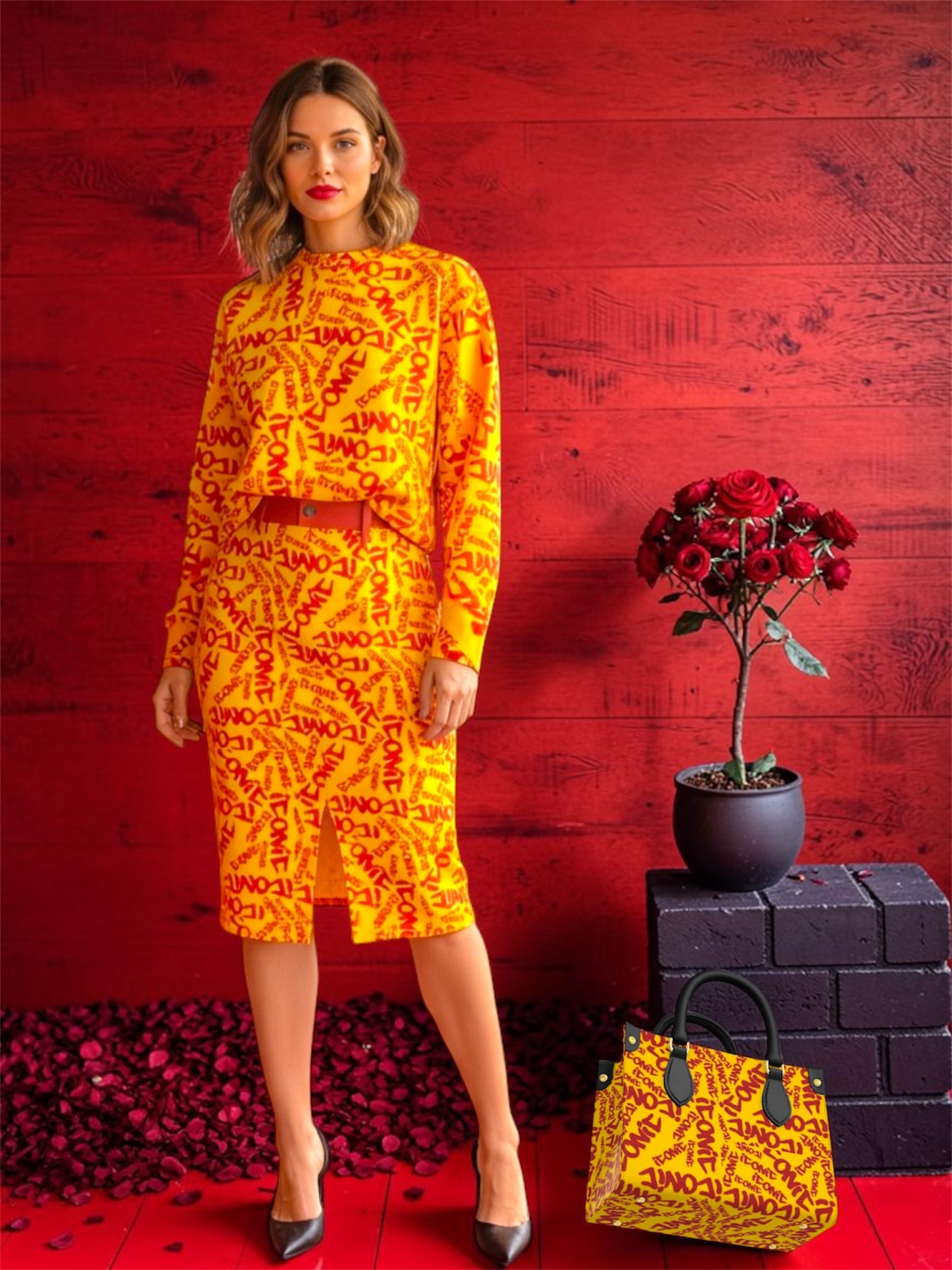 Image 4 (model lifestyle shot — full ICONIC set styled with matching top, red belt, ICONIC Statement Tote, red roses, red wall backdrop): Golden Expression Art Vol IV The ICONIC Statement Skirt — Model Lifestyle Shot — Full ICONIC Set Styled with Matching Top Red Belt and ICONIC Statement Tote — Red Wall Editorial — ICONIC Edit
