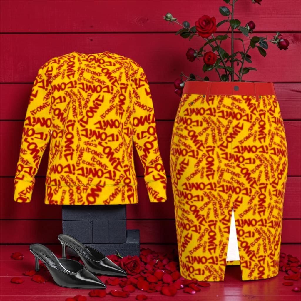 Image 3 (styling shot — skirt paired with matching ICONIC pullover sweatshirt, black heels, rose petals, red wall backdrop): Golden Expression Art Vol IV The ICONIC Statement Skirt — Editorial Styling Shot — Styled with ICONIC Pullover Sweatshirt and Black Heels — Rose Petal Red Wall — ICONIC Edit