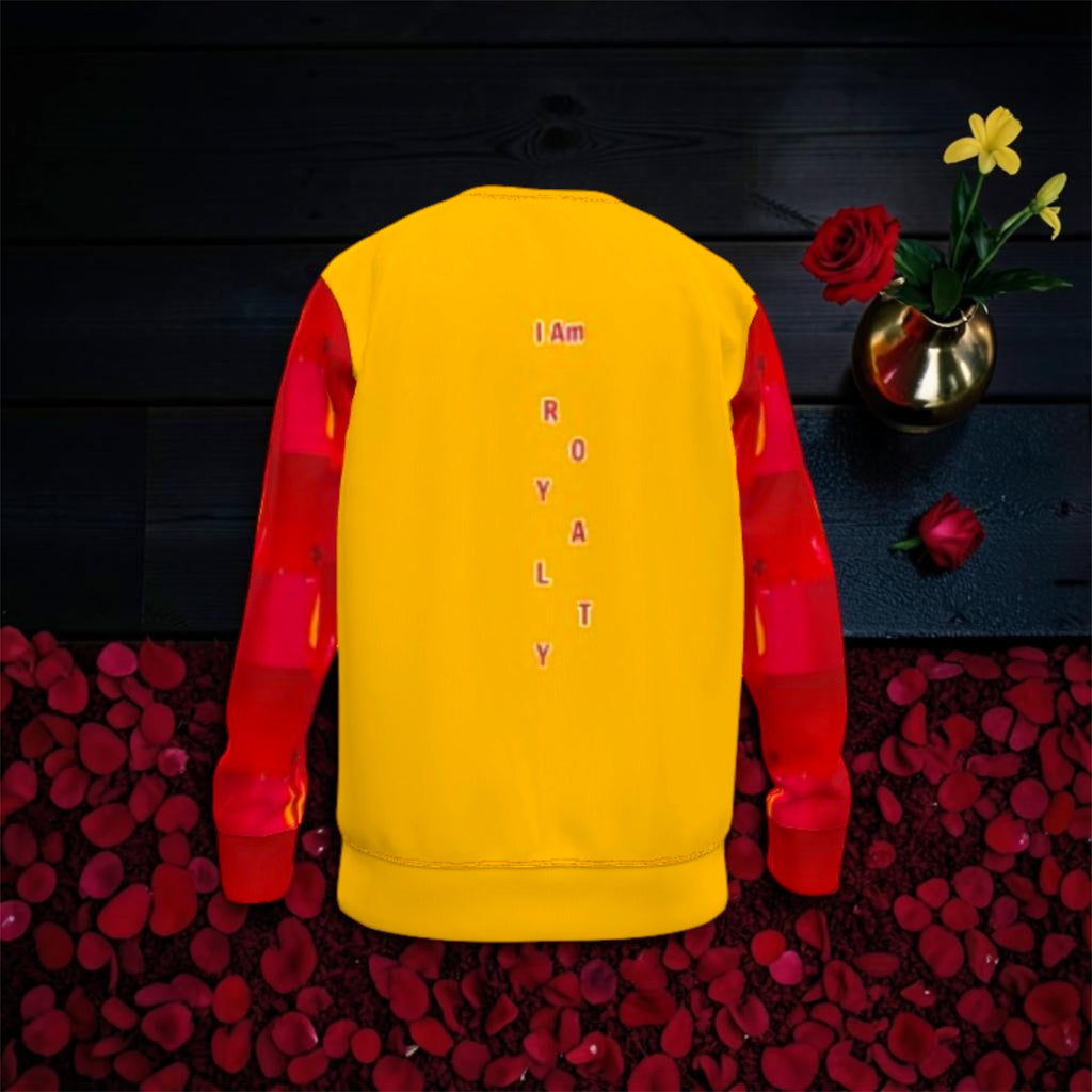 Image 1 (back view, golden yellow body, scarlet red sleeves, "I Am Royalty" vertical text, rose petal backdrop): Golden Expression Art Vol IV The I Am Royalty Sweatshirt — Back View — Golden Yellow Body Scarlet Red Sleeves — Stay Golden Edit