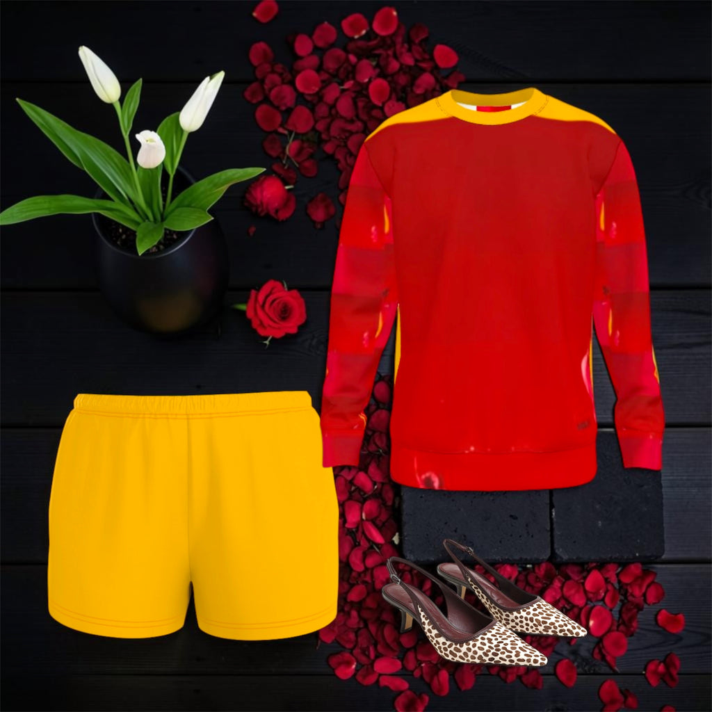 Image 4 (front view styled with golden shorts, rose petals, heels — flat lay editorial): Golden Expression Art Vol IV The I Am Royalty Sweatshirt — Front Editorial Styling Shot — Styled with Golden Shorts and Heels — Stay Golden Edit