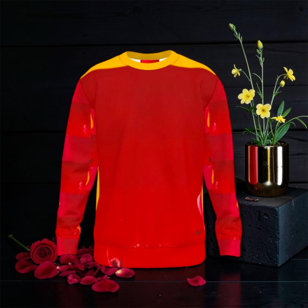 Image 3 (front view, scarlet red body, golden yellow collar/shoulders, rose petal backdrop): Golden Expression Art Vol IV The I Am Royalty Sweatshirt — Front View — Scarlet Red Body Golden Yellow Collar — Stay Golden Edit
