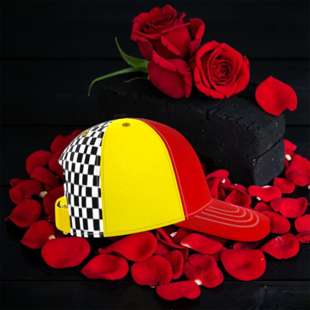 Image 1: Vol IV The Off Duty Crown cap - red yellow checkered cap front angle on rose petals

