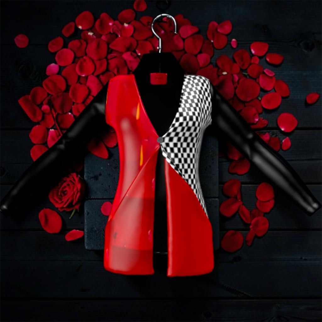 Image 1 (front, on hanger, rose petal backdrop): Vol IV — The Power Play Cardigan — front view on hanger, split-panel open-front cardigan with scarlet red left panel featuring Doll Wall art print and black & white checkered right panel, black center, rose petal dark editorial backdrop — Golden Expression Art