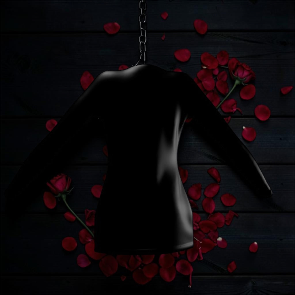 Image 2 (back, on chain, dark backdrop): Vol IV — The Power Play Cardigan — back view suspended on chain, solid black long-sleeve body, rose petal dark editorial backdrop — Golden Expression Art