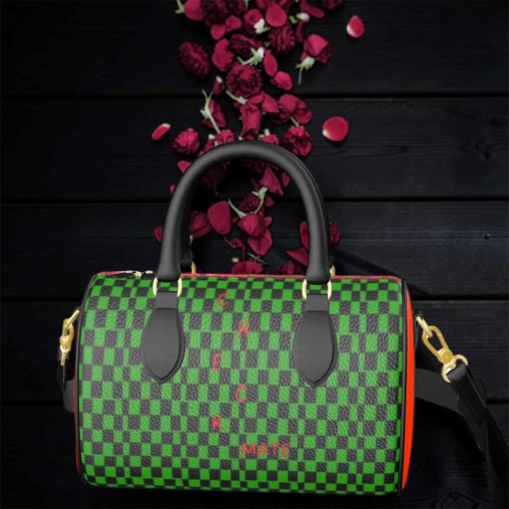 Image 1: Vol IV — The Queen's Court Duffel, front view, forest green and checkered limited edition duffel — Golden Expression Art
