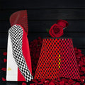 Image 1: Vol IV — The Red Rule Set — side-by-side editorial of red & black checkered hoodie with black & white checkered sleeve and red & black checkered mini skirt, rose petal dark backdrop — Golden Expression Art
