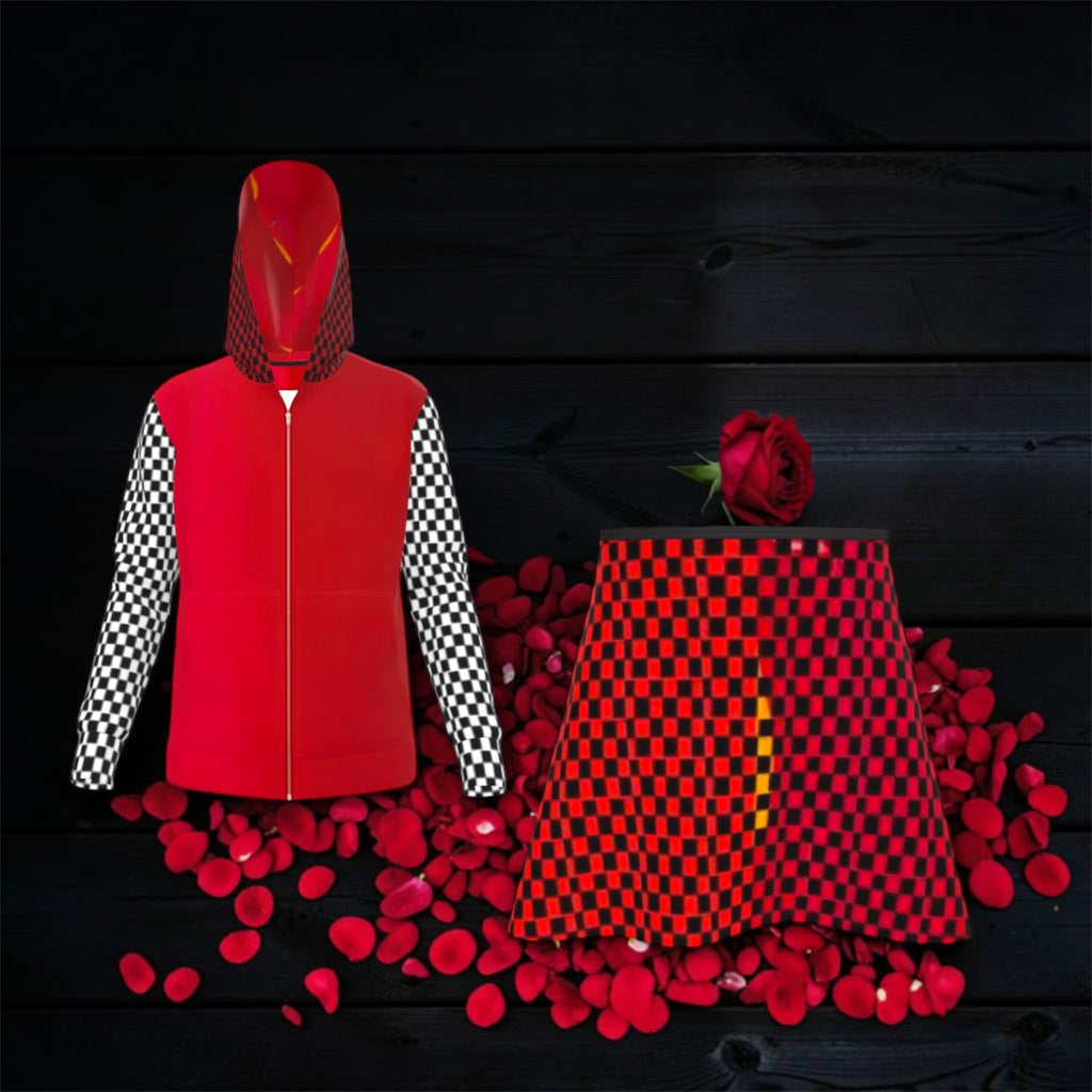 Image 2: Vol IV — The Red Rule Set — front view of scarlet red zip hoodie with black & white checkered sleeves and red & black checkered hood paired with matching checkered mini skirt, rose petal dark editorial backdrop — Golden Expression Art