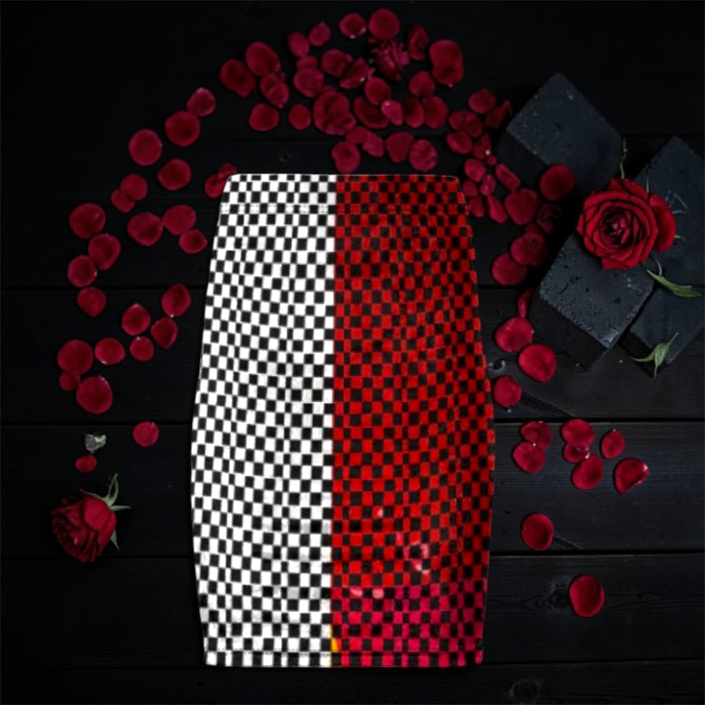 Image 1 (flat lay, red/black checkered): Vol IV — The Riot Skirt — flat lay front view, split-panel pencil skirt with black & white checkered left side and scarlet red & black checkered right side, gold hem detail, dark rose petal editorial backdrop — Golden Expression Art