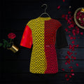 Image 1: Vol IV — The Royal Play Oversized Tee, front view, yellow and red checkered panel art tee — Golden Expression Art Limited Edition
