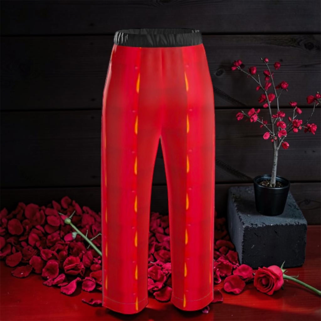 Vol IV — The Royal Play Silk Pants, back view, scarlet red all-over flame panel with gold detail, black elastic waistband, rose petal editorial — Golden Expression Art
