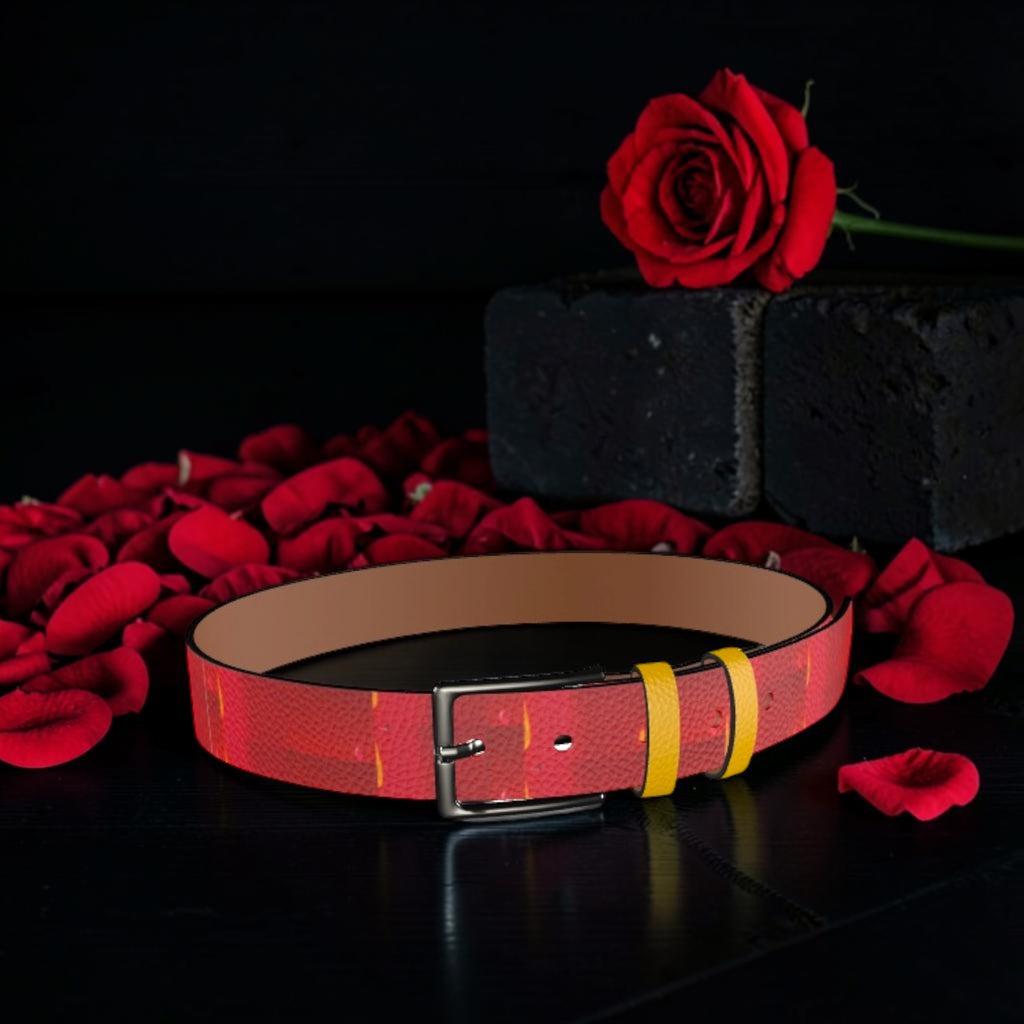 Image 1 — Front view (dark backdrop, rose petals): Golden Expression Art Vol IV The Scarlet Flame Belt — scarlet red bubble napper leather belt with gold keeper loop and gunmetal pin buckle, rose petal editorial backdrop