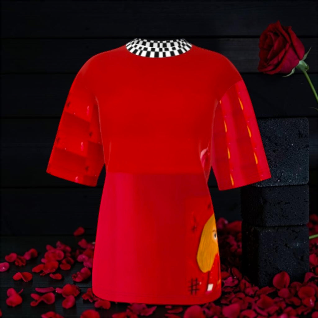 Image 1 — Front view (dark backdrop, rose petals): Golden Expression Art Vol IV The Scarlet Rule Tee — scarlet red oversized tee with black and white checkered collar detail, Doll Wall graphic at hem, rose petal editorial backdrop