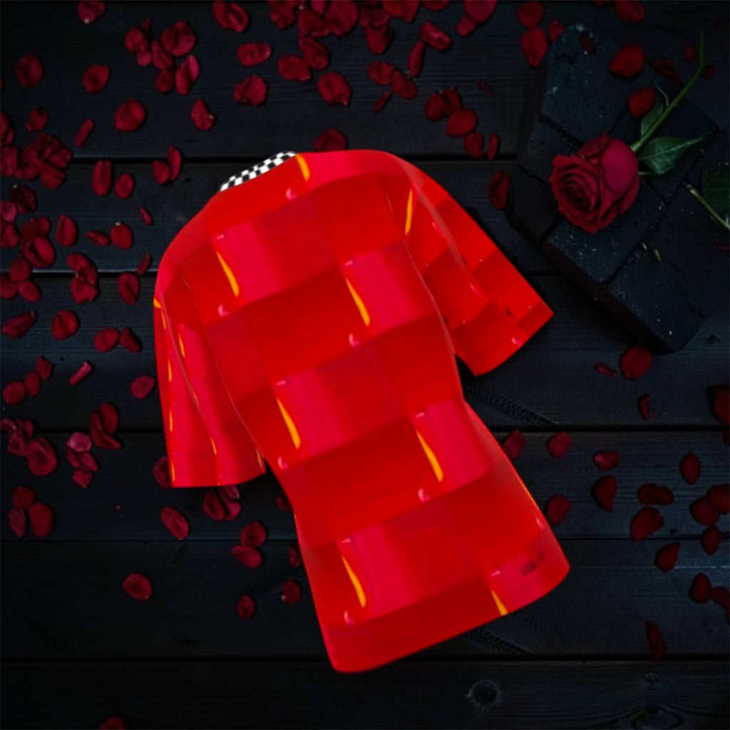Image 3 — Flat lay / top-down (rose petals on dark wood): Golden Expression Art Vol IV The Scarlet Rule Tee — flat lay top-down view of scarlet red tee with checkered collar and flame detail, surrounded by rose petals