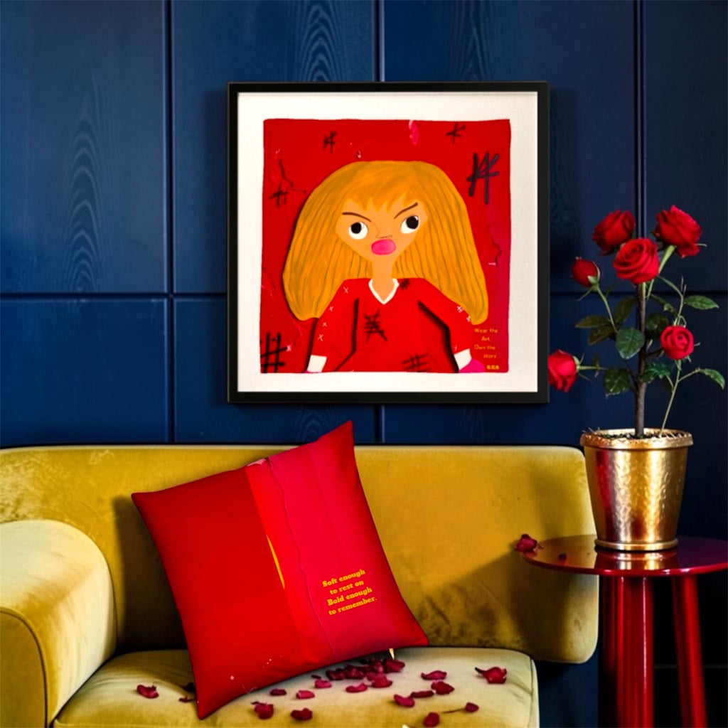 Image 1 (front view on gold sofa, blue wall, Doll Wall art above, rose petals): Golden Expression Art Vol IV The Scarlet Throne Pillow — Front View — Scarlet Red Velvet — Styled with Doll Wall Art on Blue Wall — Stay Golden Edit
