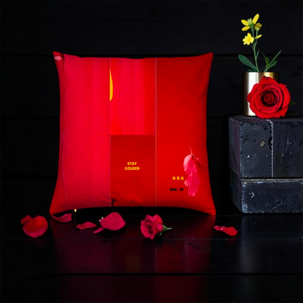 Image 3 (back view, dark backdrop, "Stay Golden · GEA" gold detail, rose petals): Golden Expression Art Vol IV The Scarlet Throne Pillow — Back View — Stay Golden GEA Gold Detail — Dark Editorial Rose Petal Backdrop — Stay Golden Edit