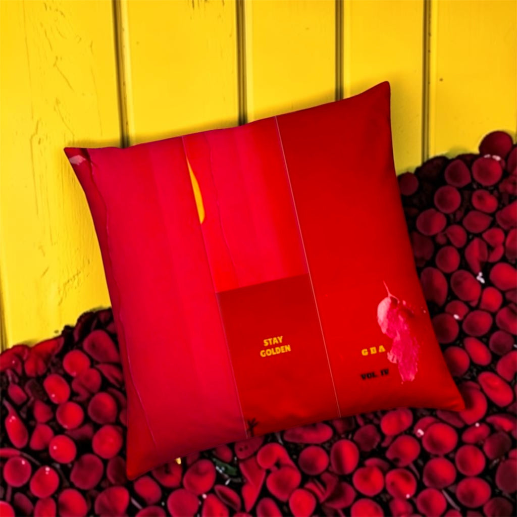 Image 6 (back view, yellow wall, red berries/cranberries editorial): Golden Expression Art Vol IV The Scarlet Throne Pillow — Back View — Stay Golden GEA Gold Detail — Yellow Wall Red Berry Editorial — Stay Golden Edit
