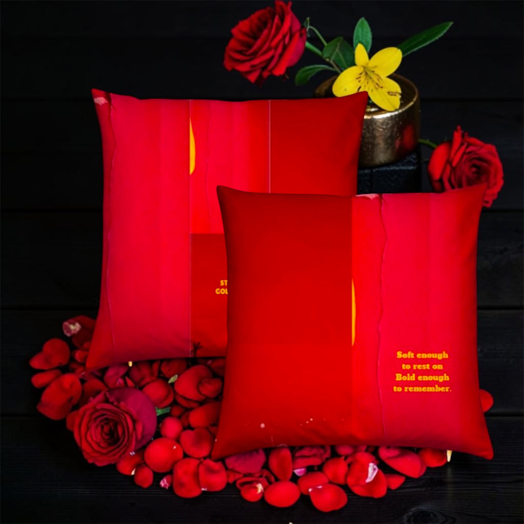 Image 4 (3-pillow editorial set, dark backdrop, rose petals, front & back angles): Golden Expression Art Vol IV The Scarlet Throne Pillow — Editorial Set Shot — Front and Back Views — Scarlet Red Velvet — Rose Petal Dark Backdrop — Stay Golden Edit