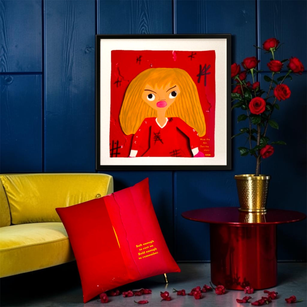 Image 5 (front view on gold sofa, blue wall, Doll Wall art above, red roses in vase — wider angle): Golden Expression Art Vol IV The Scarlet Throne Pillow — Lifestyle Shot — Scarlet Red Velvet on Gold Sofa — Doll Wall Art Blue Wall — Stay Golden Edit
