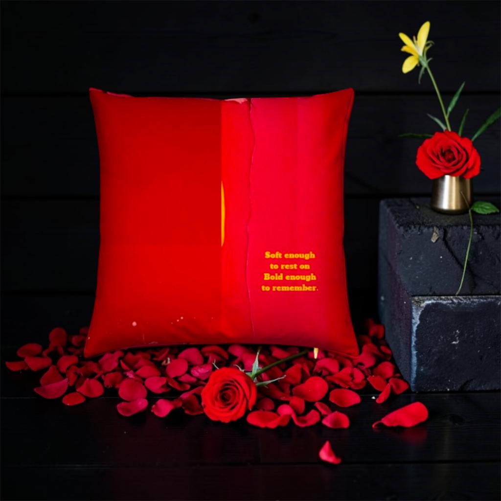 Image 2 (front view, dark backdrop, rose petals, "Soft enough to rest on. Bold enough to remember." text): Golden Expression Art Vol IV The Scarlet Throne Pillow — Front View — Scarlet Red Velvet — "Soft Enough to Rest On. Bold Enough to Remember." — Dark Editorial — Stay Golden Edit
