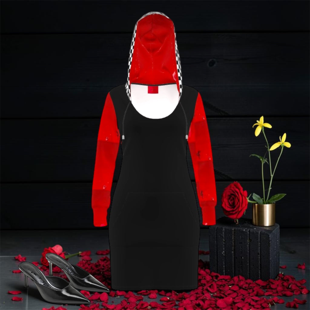 Image 1 (front view — black mini body, scarlet red long sleeves, red & black checkered oversized hood, drawstring, black heels, rose petals, dark backdrop): Golden Expression Art Vol IV The Silent Trail Hoodie Dress — Front View — Black Mini Body Scarlet Red Sleeves Red Black Checkered Hood — Dark Editorial Rose Petal Backdrop — Stay Golden Edit