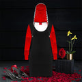 Image 1 (front view — black mini body, scarlet red long sleeves, red & black checkered oversized hood, drawstring, black heels, rose petals, dark backdrop): Golden Expression Art Vol IV The Silent Trail Hoodie Dress — Front View — Black Mini Body Scarlet Red Sleeves Red Black Checkered Hood — Dark Editorial Rose Petal Backdrop — Stay Golden Edit
