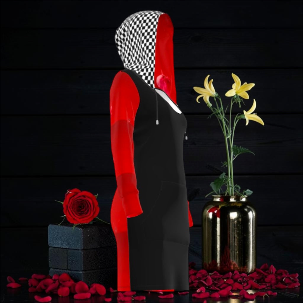Image 3 (side view — black front body, scarlet red sleeve, black & white checkered hood with drawstring, rose & yellow lilies, dark backdrop): Golden Expression Art Vol IV The Silent Trail Hoodie Dress — Side View — Fitted Mini Silhouette Scarlet Red Sleeve Black White Checkered Oversized Hood — Dark Editorial — Stay Golden Edit