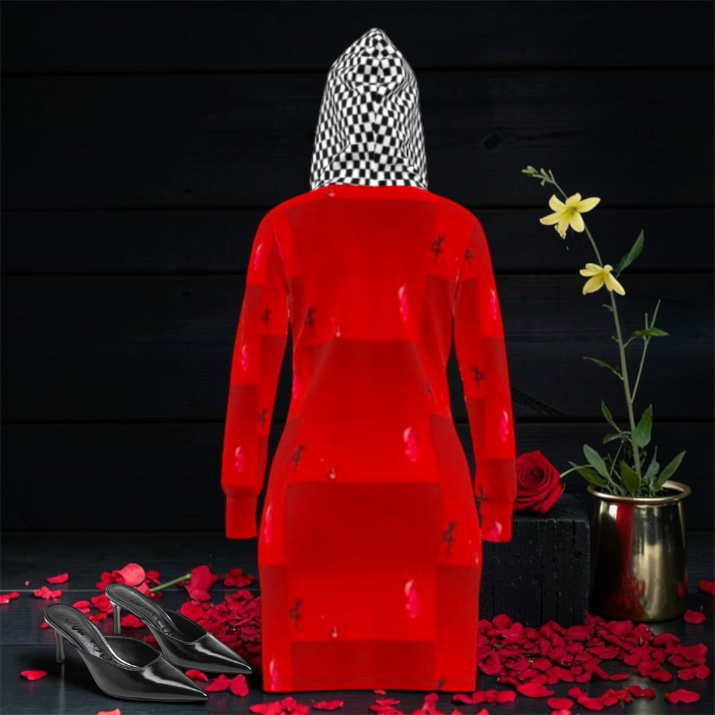 Image 2 (back view — full scarlet red body, black & white checkered hood, black heels, rose petals, dark backdrop): Golden Expression Art Vol IV The Silent Trail Hoodie Dress — Back View — Full Scarlet Red Body Black White Checkered Hood — Dark Editorial Rose Petal Backdrop — Stay Golden Edit