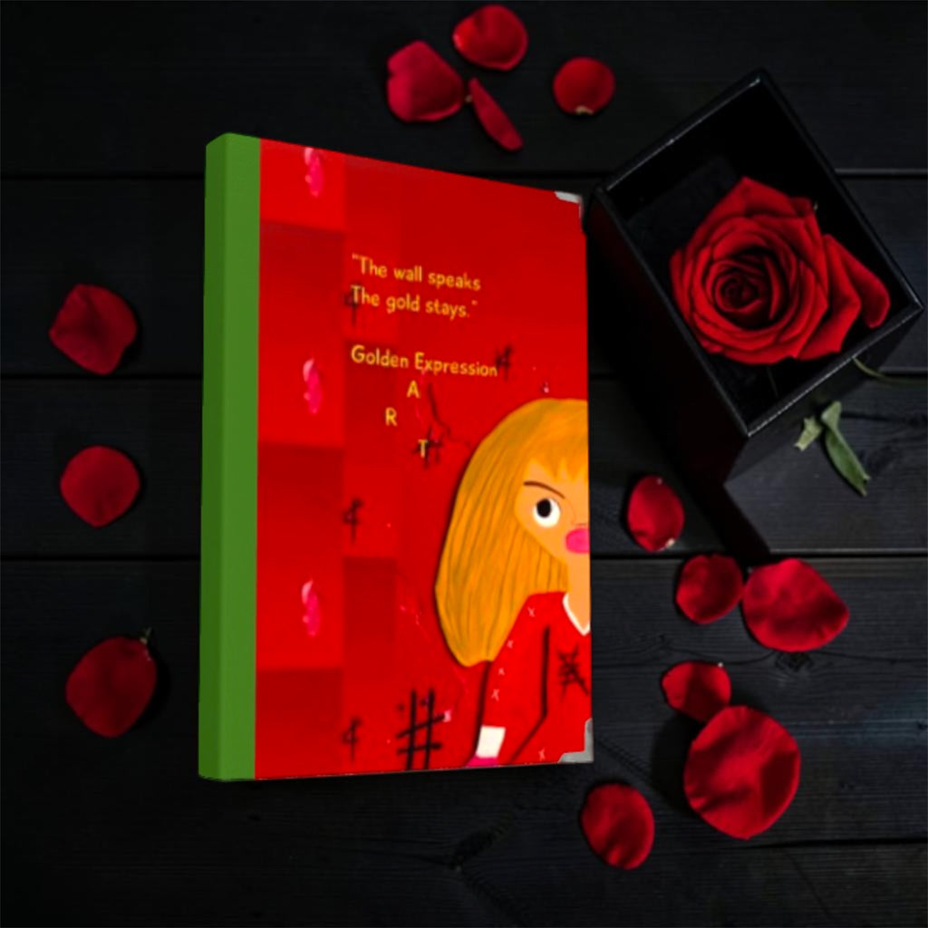 Vol IV The Stay Golden Journal - scarlet red hardcover journal with Doll Wall art print The wall speaks The gold stays quote and green spine on rose petal backdrop
