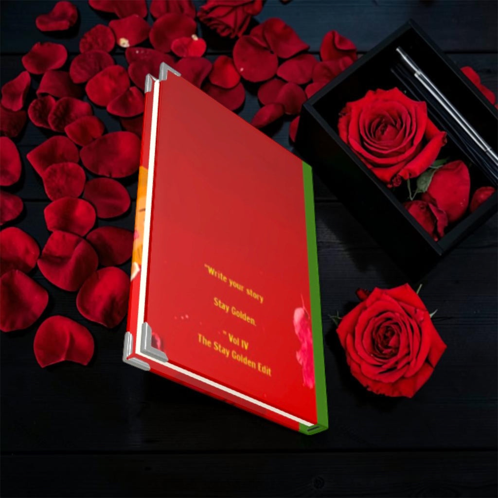 Vol IV The Stay Golden Journal - back cover showing Write your story Stay Golden Vol IV The Stay Golden Edit detail with silver corner hardware and rose petals
